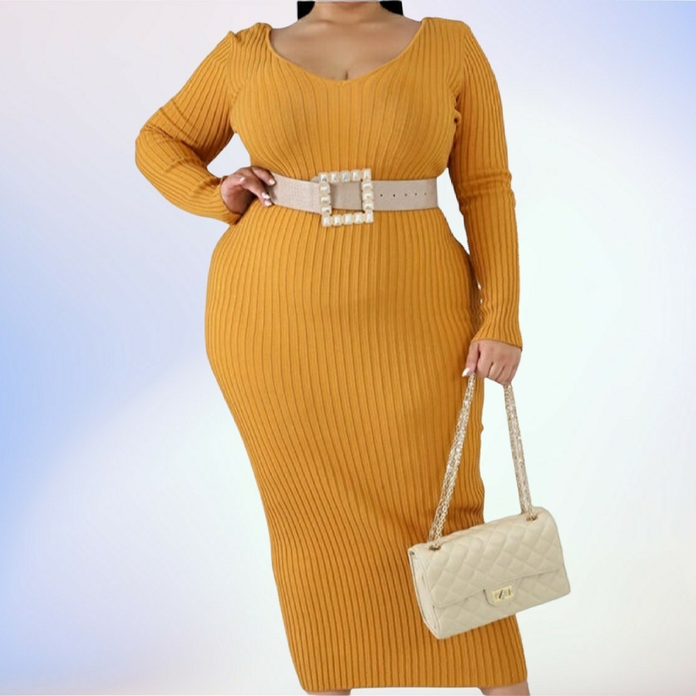 Elegant Mustard Ribbed Knit Dress